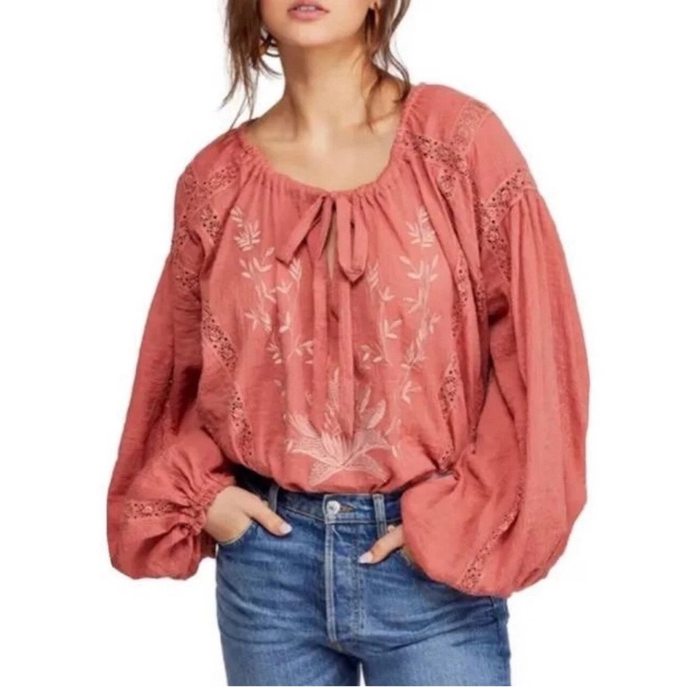 Free People Maria Embroidered Lace Inset Boho Top